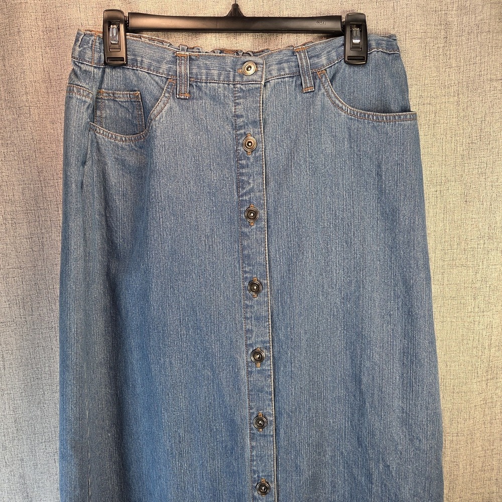 Vtg 90s Denim Button Front Skirt Bobbie‎ Brooks Large Blue Maxi Cottagecore